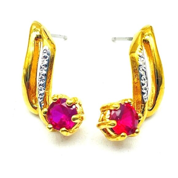 Pink Crystal Drop Earrings Gold Tone Marked 14K PGE S Shape Classic Career LARP - Picture 1 of 8